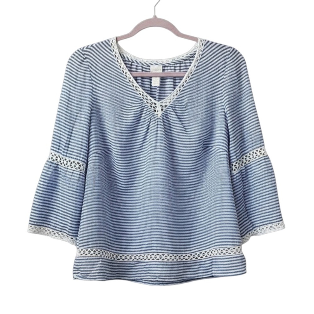 CHICO'S Blue/White Stripe CHAMBRAY LINEN PEASANT TOP V-Neck Crochet Lace 1/M